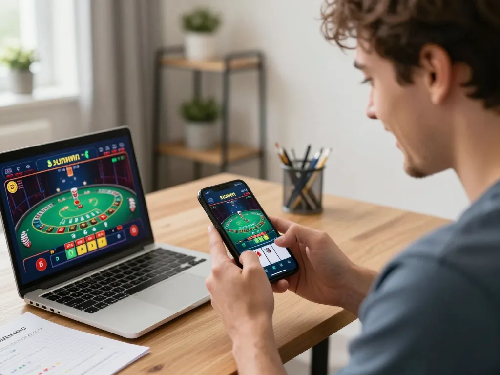 Engaging player explores Sunwin mobile casino app, strategizing blackjack bets at home