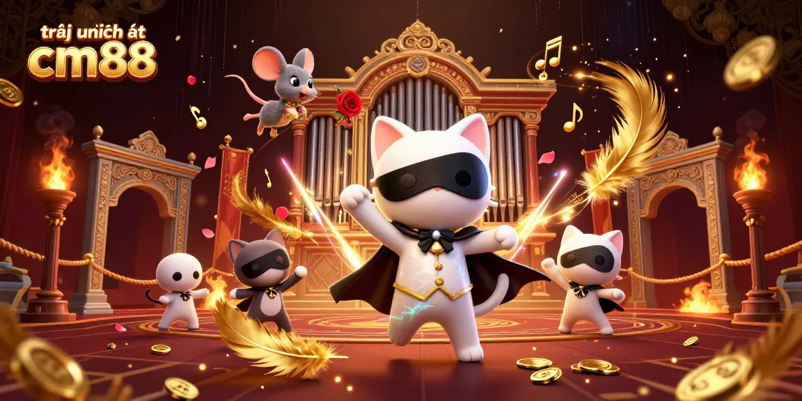 Experience thrilling gameplay at CM88 with a vibrant casino scene featuring dynamic characters and gold elements.