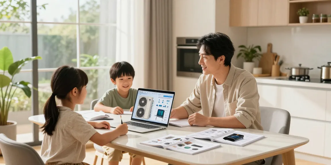 Discussing options to wärmepumpe kaufen with family in a modern home setting