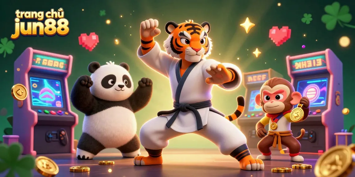 Engage with the fun of trang chủ jun88, as kung fu characters celebrate winning casino games in vibrant 3D.