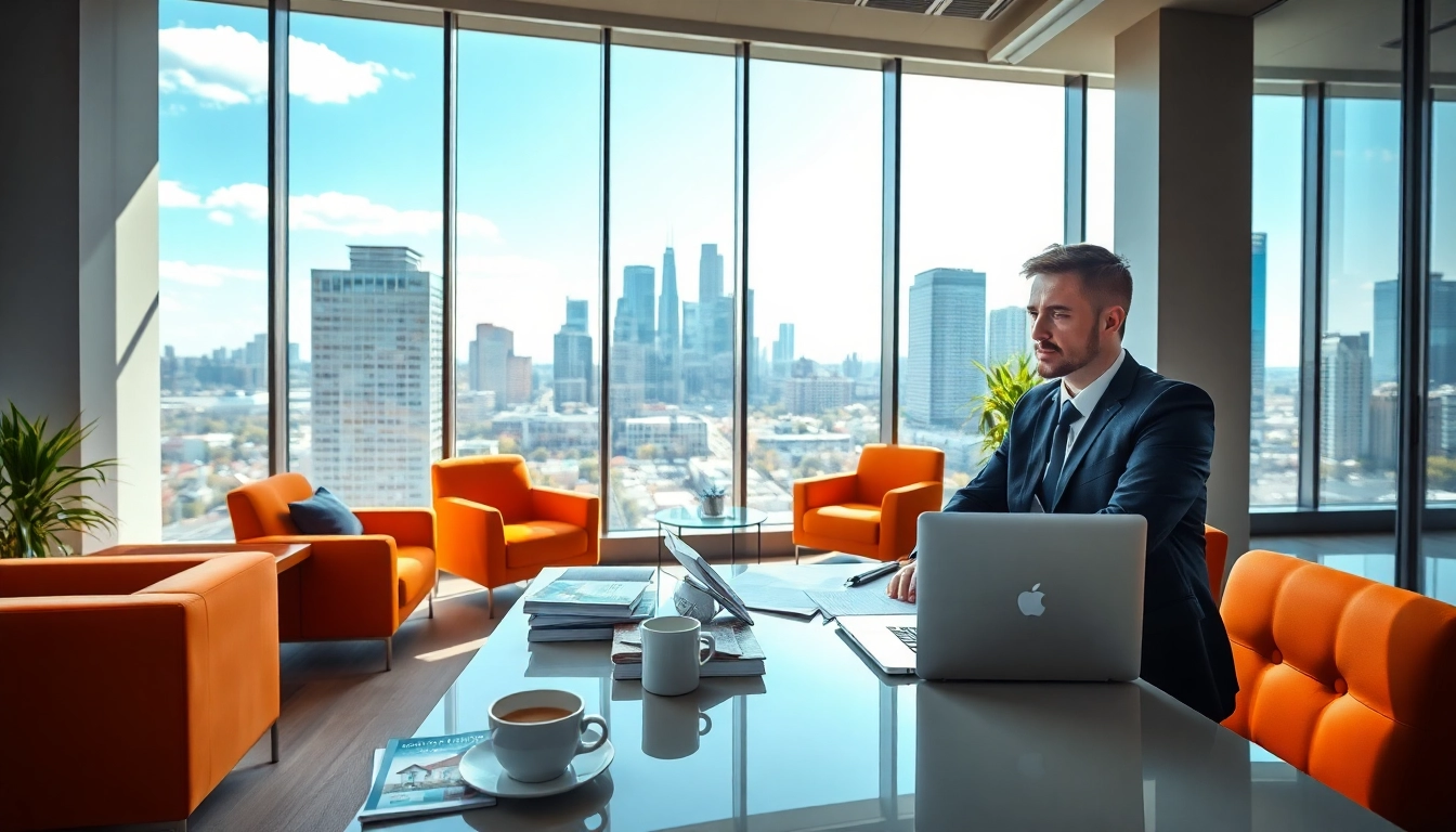 Immobilienmakler Frankfurt Dornbusch berät Kunden in modernem Büro mit Stadtblick.