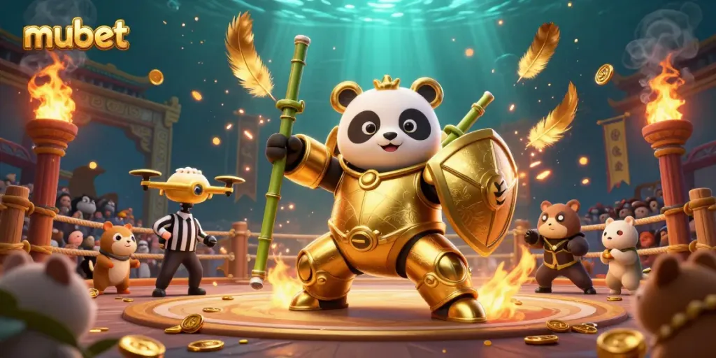 Engage in thrilling gameplay at Mubet with a golden panda pilot and dynamic gambling arena.