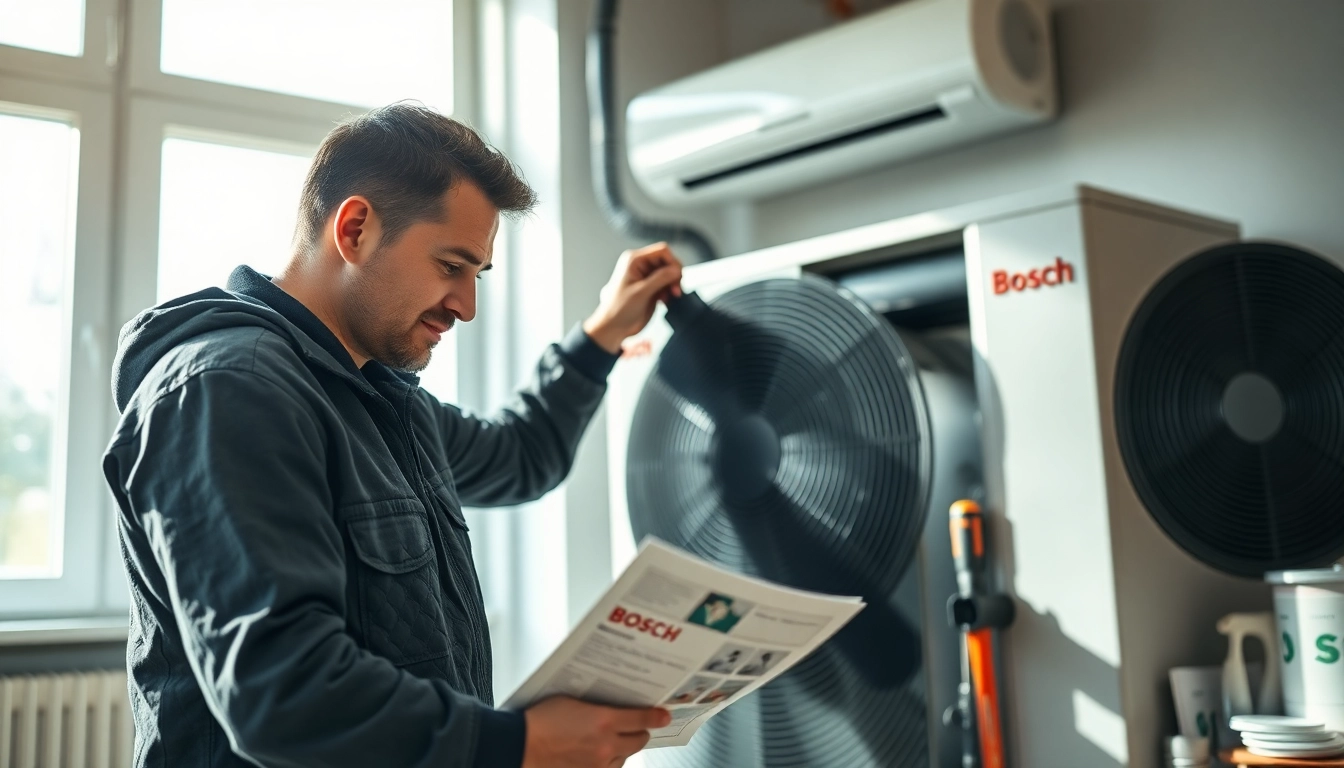 Die wärmepumpe bosch wird von einem Techniker professionell installiert, was ihre Zuverlässigkeit zeigt.