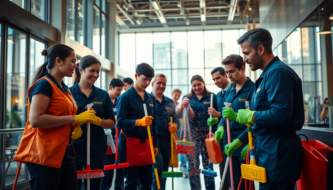 Professionelles Team bei der Hofreinigung in einem belebten urbanen Umfeld.