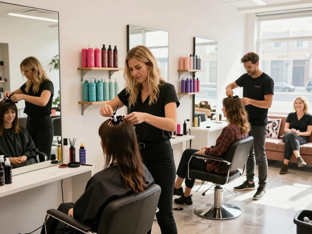 Szene eines Friseurs in der Nähe, die einen lebhaften Friseursalon mit verschiedenen Stylisten und Kunden zeigt, die Haarservices in Anspruch nehmen.