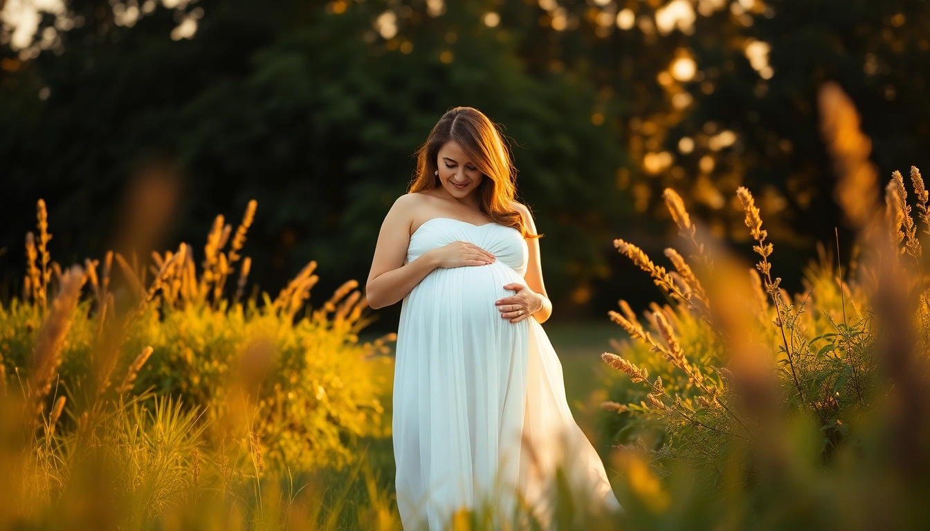 Babybauch Shooting München mit einer schwangeren Frau in einem schönen, natürlichen Umfeld.
