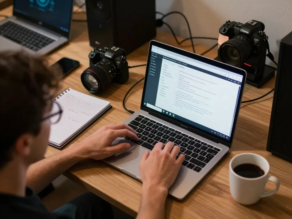 Player using Plagiat Scanner on laptop in a modern workspace filled with notes and gadgets