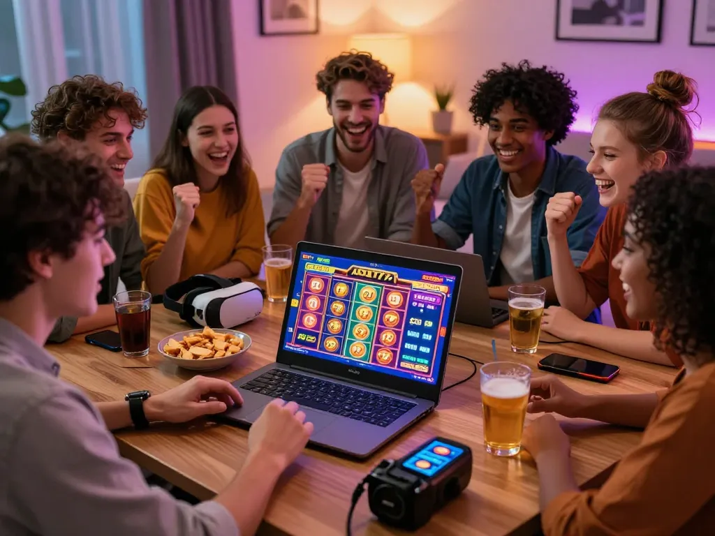 Friends enjoying AUD77 online gaming with vibrant atmosphere and snacks
