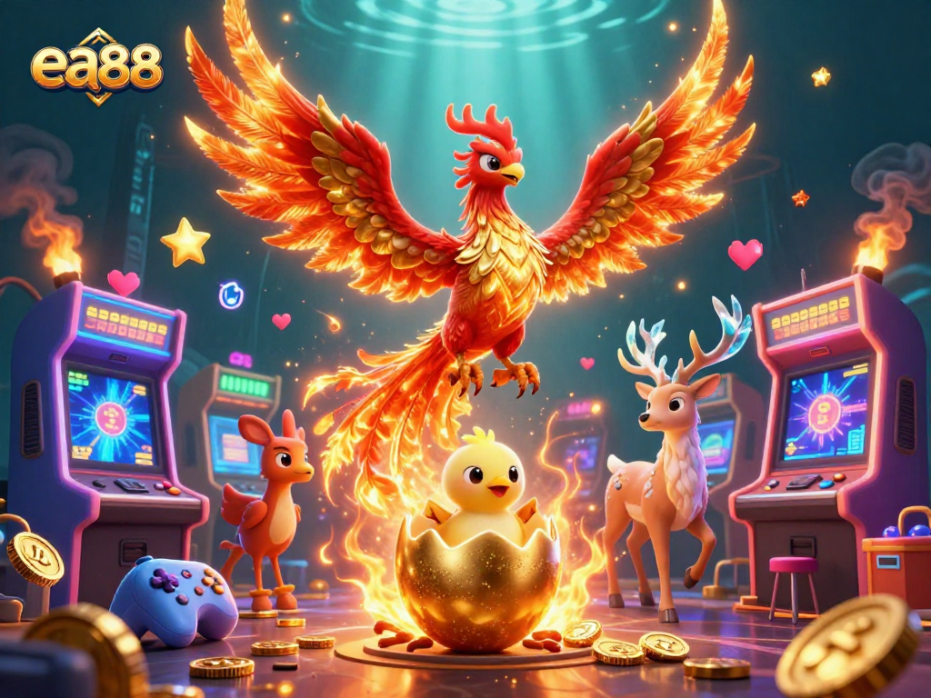 Experience thrilling gaming action at ea88 with 3D fire phoenix and casino elements.