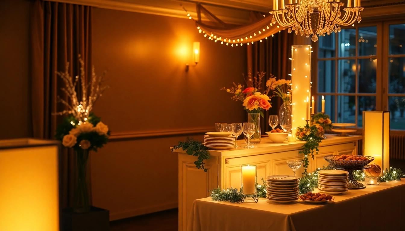 Leckeres Partyservice Buffet mit einer Auswahl an festlichen Speisen auf einem elegant gedeckten Tisch.
