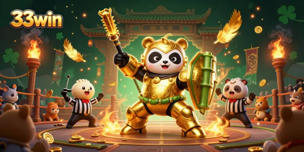 Experience thrilling gameplay at 33win with a mech-suit golden panda in an action-packed casino arena.