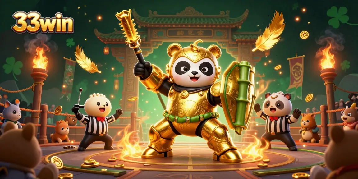 Experience thrilling gameplay at 33win with a mech-suit golden panda in an action-packed casino arena.