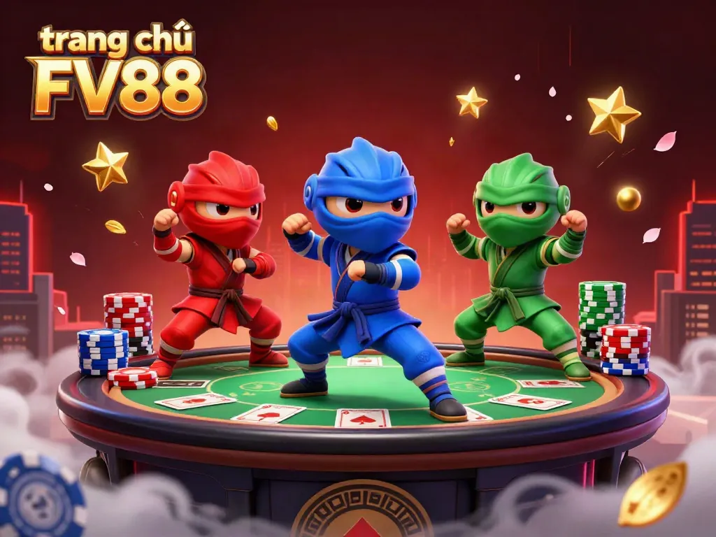 Engage in thrilling poker action with the vibrant scene at trang chủ FV88, showcasing dynamic ninja chameleons amidst casino elements.