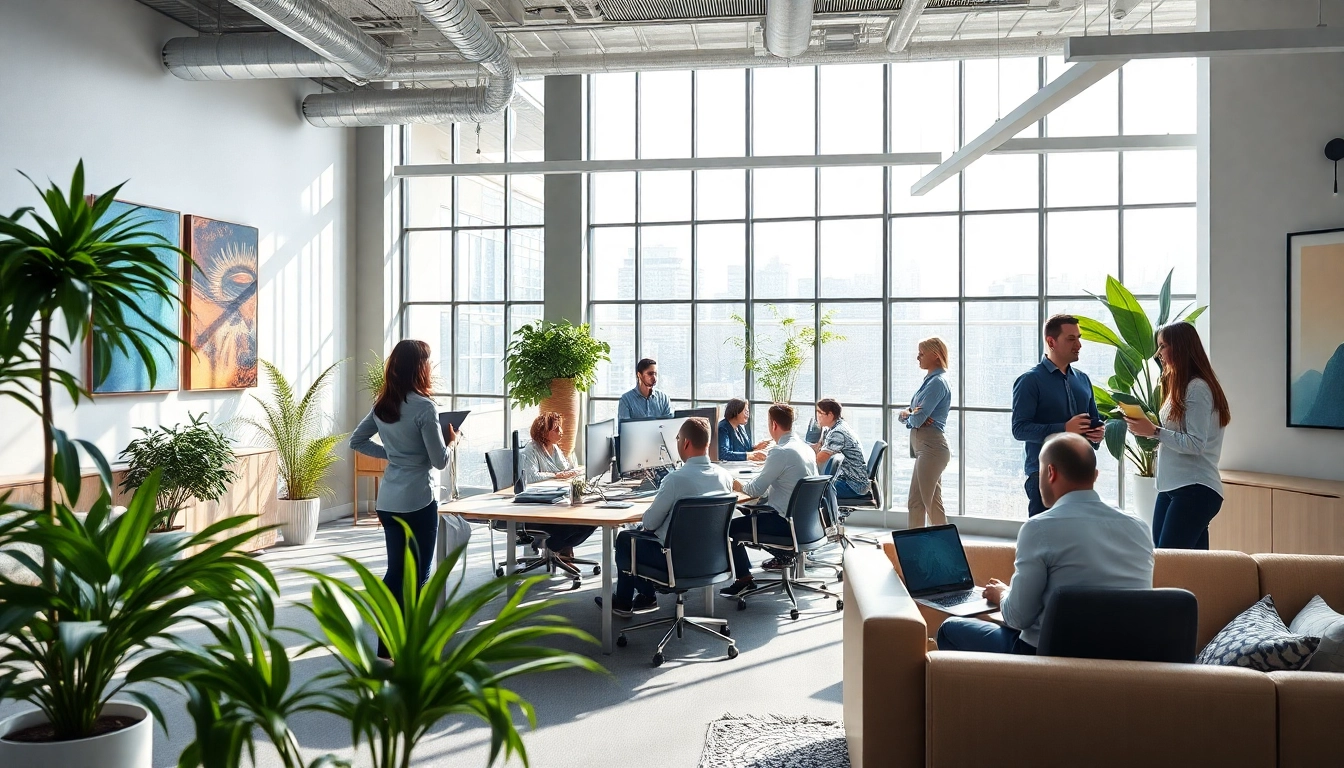 Office Excellence in a modern collaborative workspace with professionals engaged in discussions.