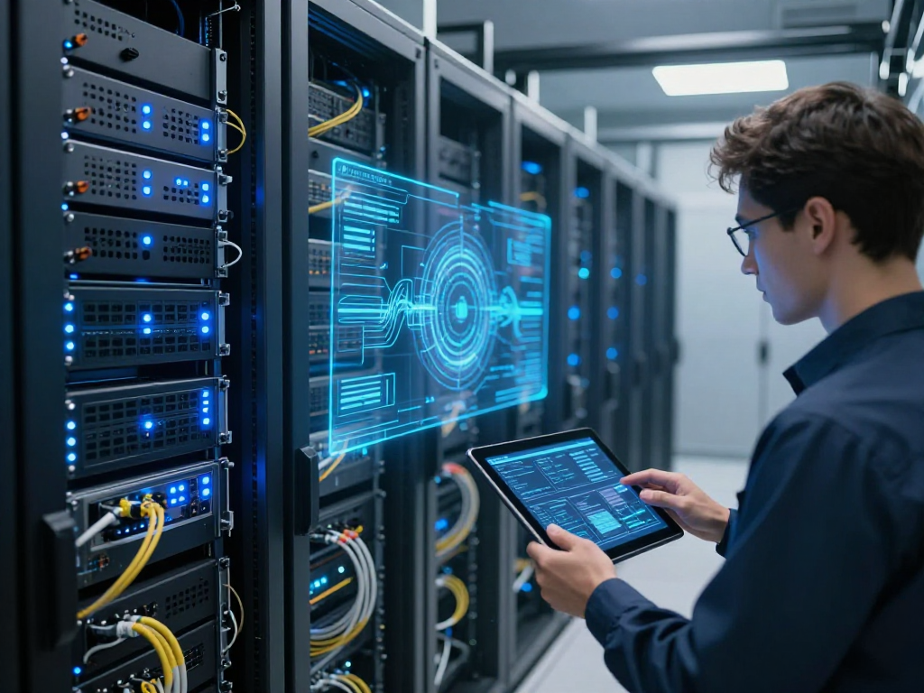 IPTV subscription solutions in a high-tech server centre, showcasing advanced cloud computing and innovative technology systems.