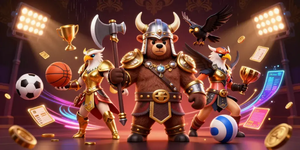 Experience thrilling action with au88, showcasing a dynamic casino illustration featuring a Viking bear, Valkyrie eagle, and gambling elements.
