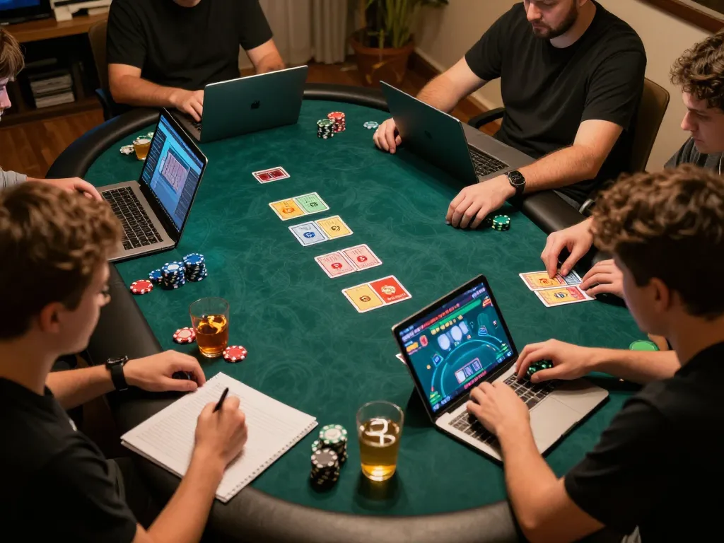 Excited players engage in online poker gameplay with 33winn strategies at home