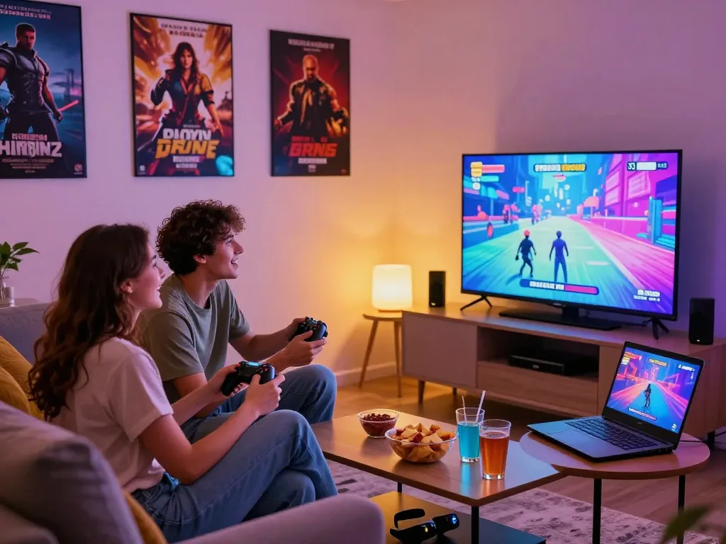 Couple enjoying a porn game online in a cozy living room with snacks and vibrant gaming graphics.