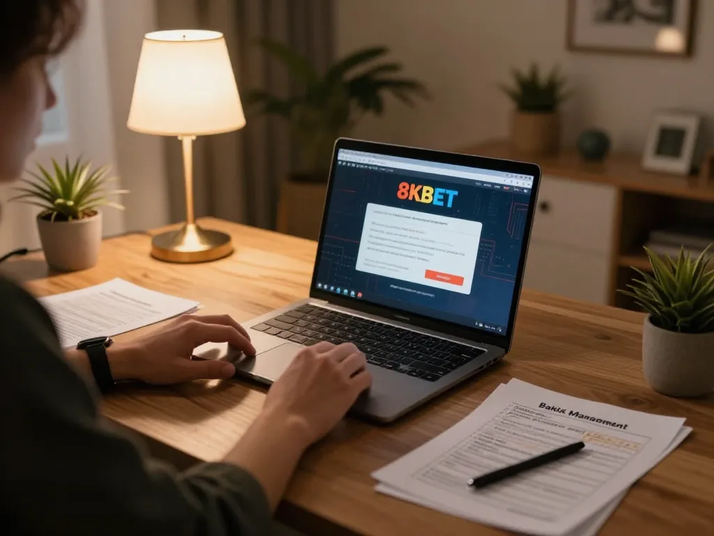 Engaging in online gambling with the 8KBET link displayed on the laptop, showcasing a cozy gaming environment.