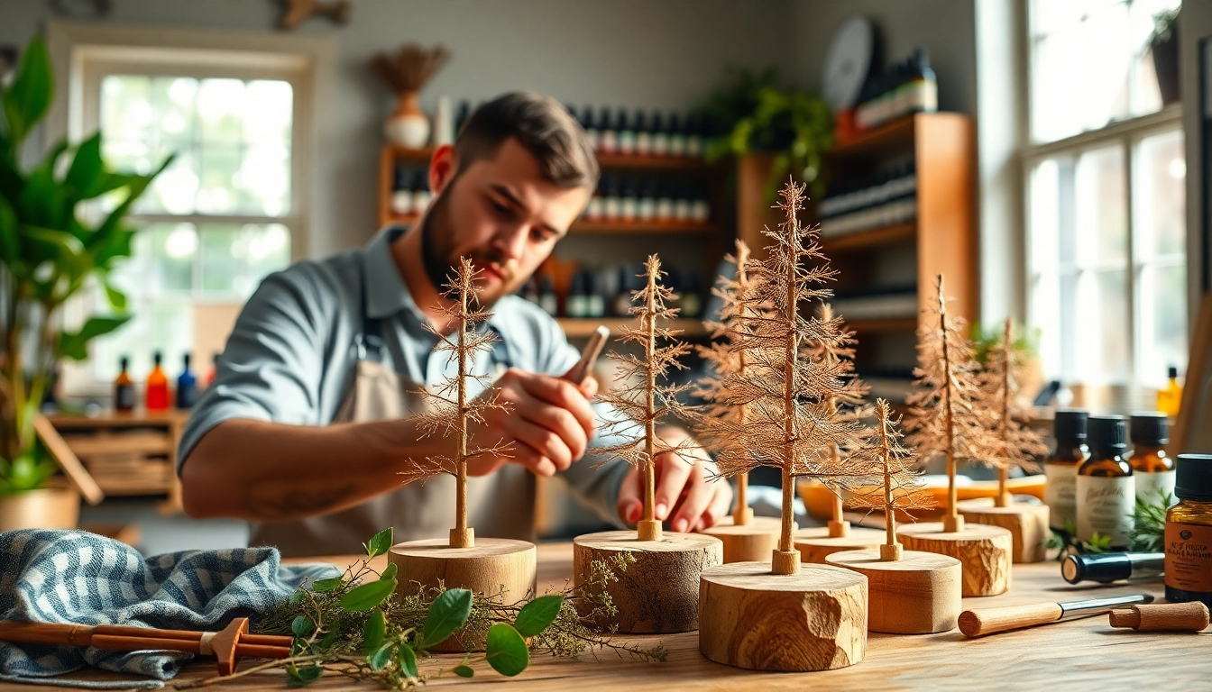 duftbäume personalisieren: Handwerker personalisiert duftende Holzbaum-Accessoires für individuelle Düfte.