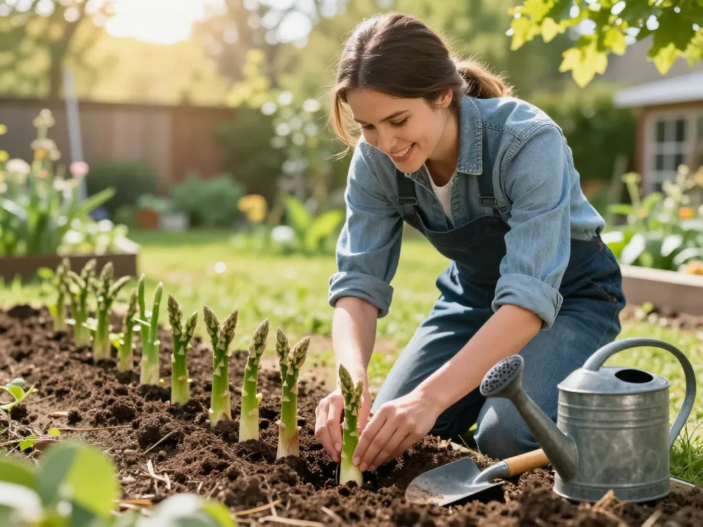 Gardener planting spargelpflanzen kaufen in a sunny home garden, surrounded by lush green plants and gardening tools.
