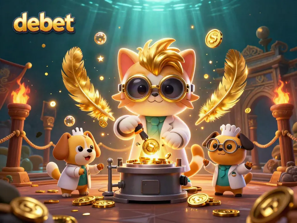 Experience thrilling moments with debet as the mad scientist cat creates a gold-machine amidst sparkling casino elements.
