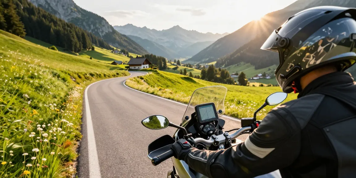 Motorradfahrer plant kurvenreiche Motorradtouren durch die malerischen bayerischen Alpen bei Sonnenuntergang.