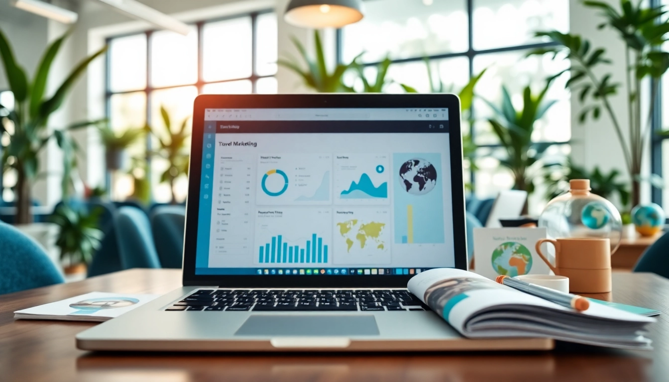 Reiseanbieter marketing tools displayed on a modern office desk with marketing materials.