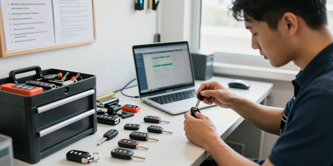 Professioneller Schlüsseldienst bei der Arbeit an Autoschlüsseln, siehe hier für Lösungen