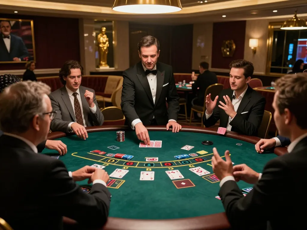 Man88 players engaged in intense blackjack gameplay at a luxurious casino table, with a live dealer visible.