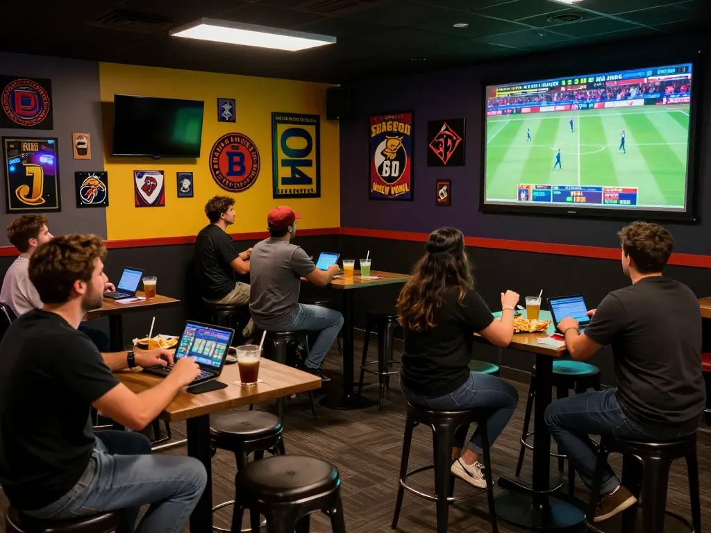 Excited friends in a NET88 themed sports betting lounge celebrating live games with drinks and bets.