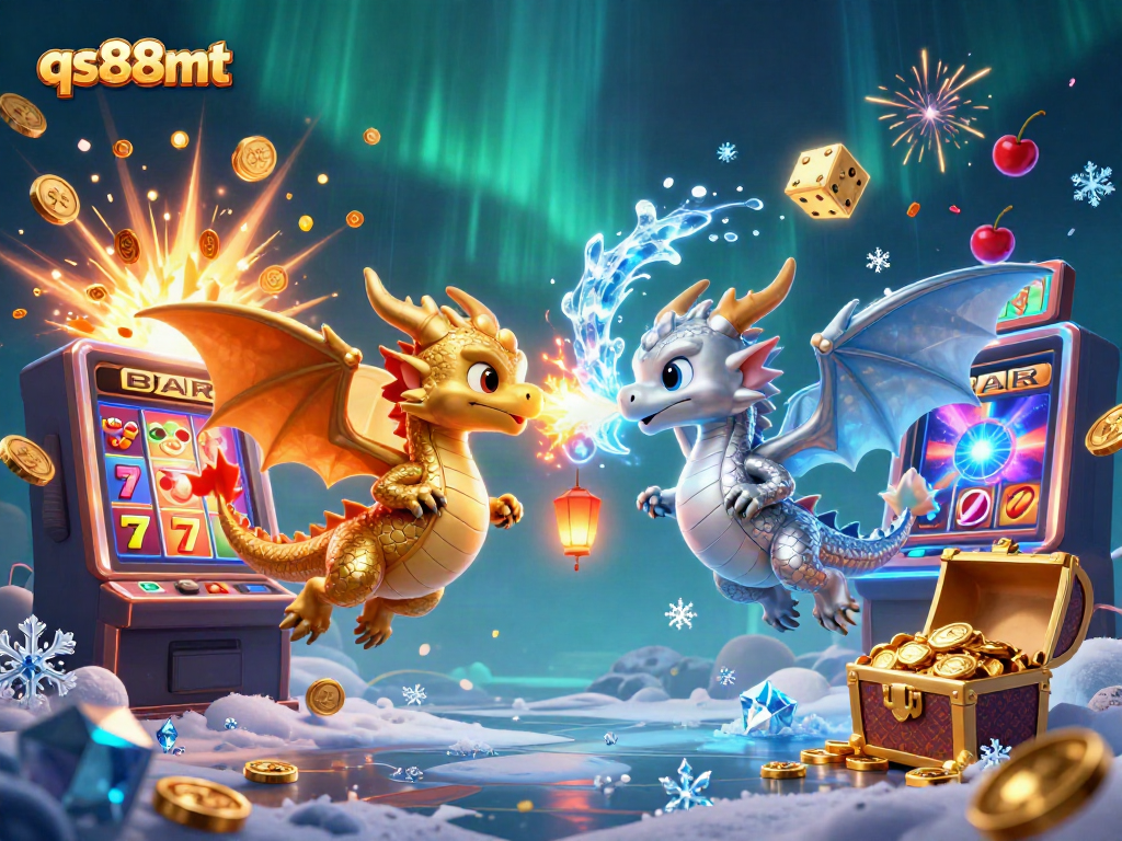 Experience betting excitement with qs88mt as twin dragons battle in an explosive casino-themed scene.