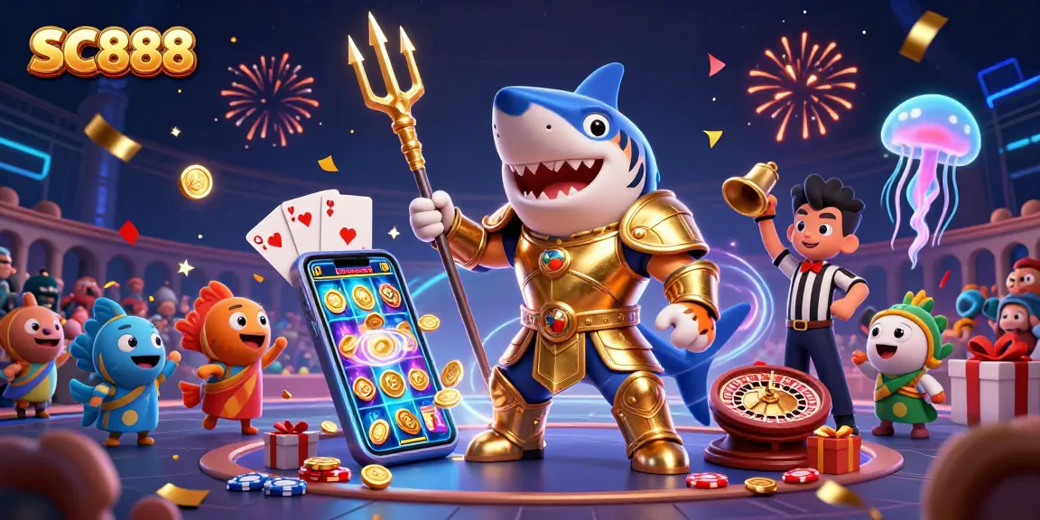 Enjoy thrilling gaming at SC888 with a jubilant underwater casino scene featuring golden rewards and dynamic gameplay.