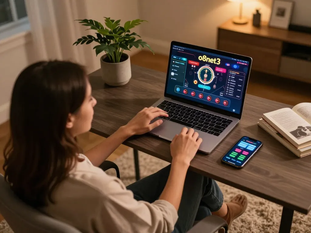 Player engaged in online poker on o8net3 platform at a stylish desk, showcasing strategic gameplay.