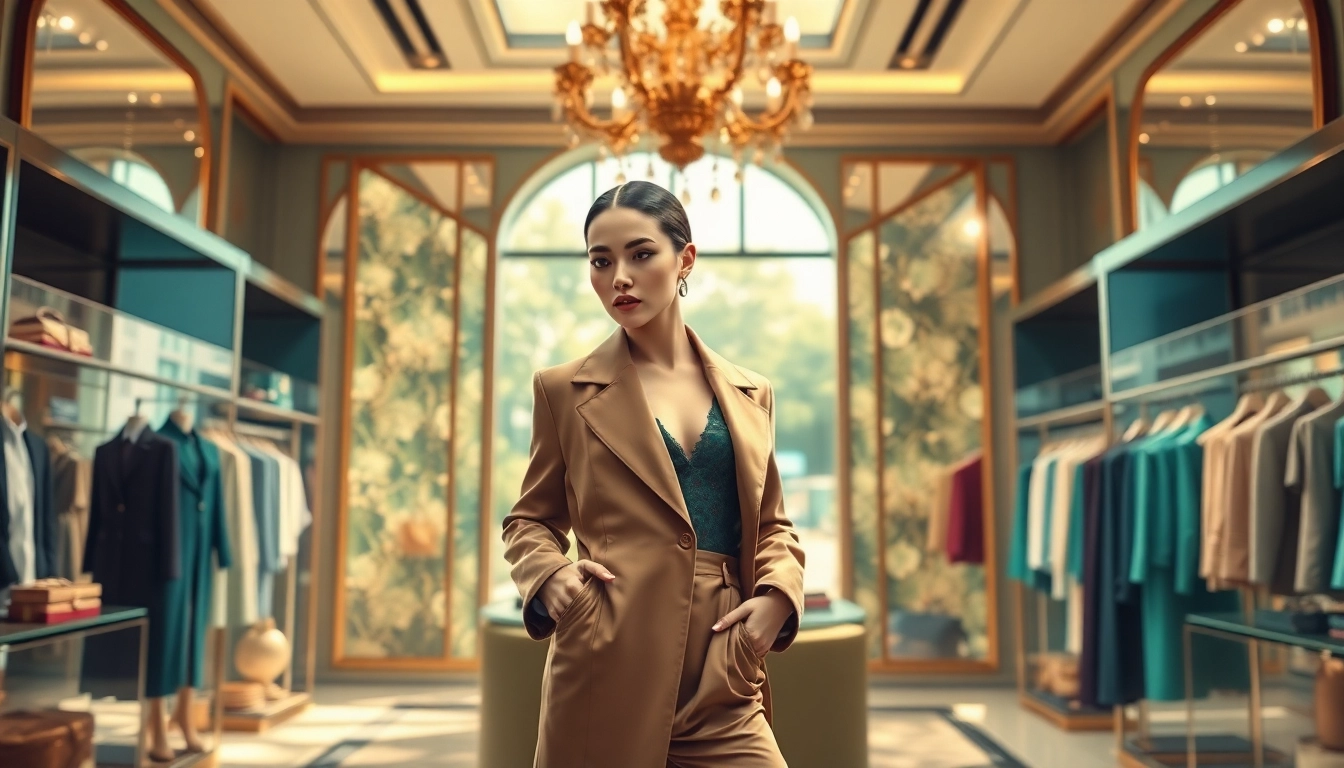 Alvionz luxury fashion model in a chic boutique surrounded by designer pieces.