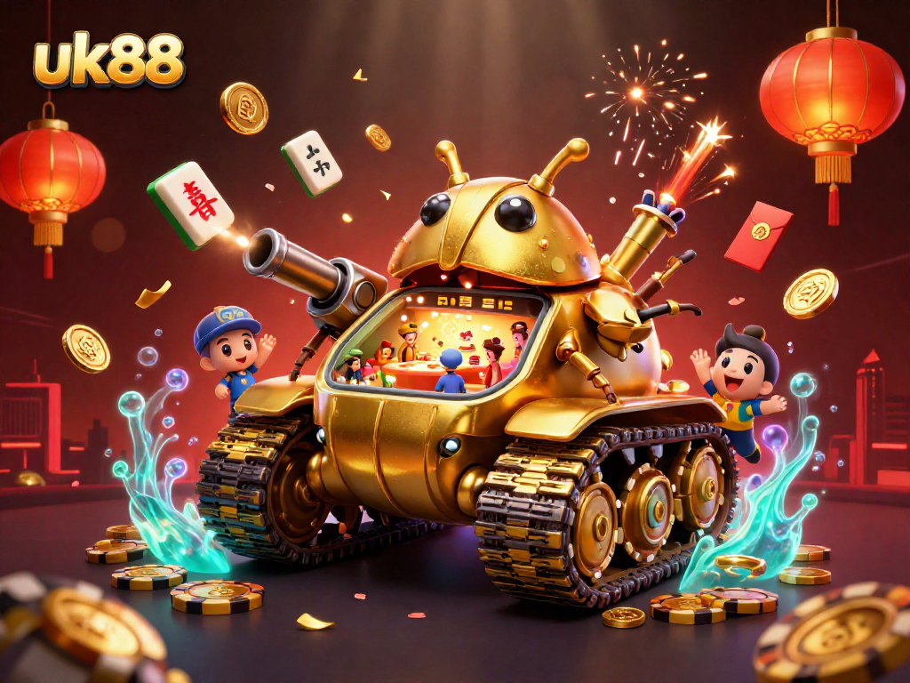 Experience thrilling gameplay at uk88 in a vibrant 3D illustration of a whimsical casino scene.