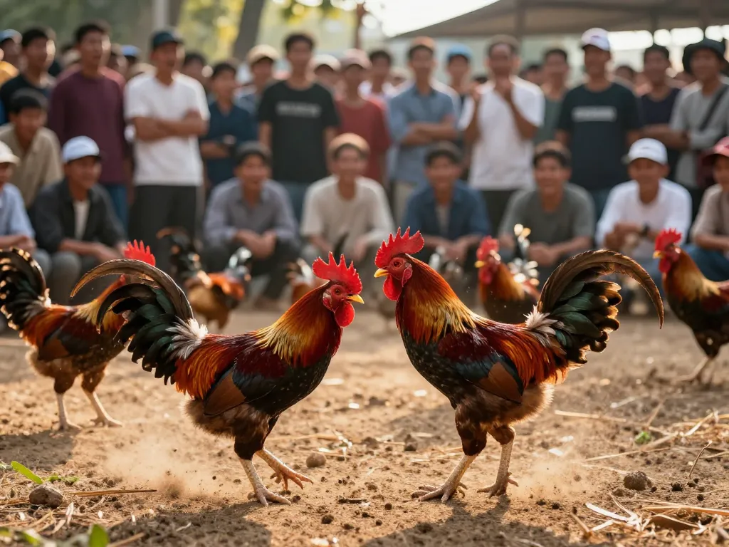 Watch trực tiếp đá gà thomo at a lively arena, capturing the excitement of rooster fighting.