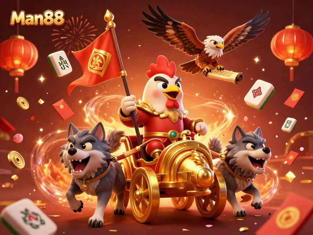 Bet on exciting wins with Man88 featuring a 3D rooster warlord and majestic game elements.