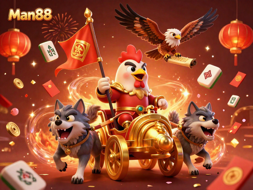 Bet on exciting wins with Man88 featuring a 3D rooster warlord and majestic game elements.