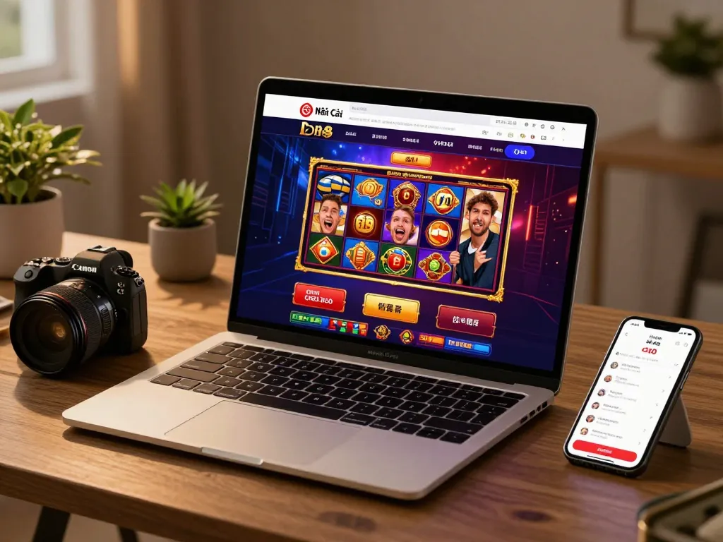 Player engaging with Nhà Cái O8 slot games on a stylish laptop at home, showcasing an immersive gaming atmosphere.