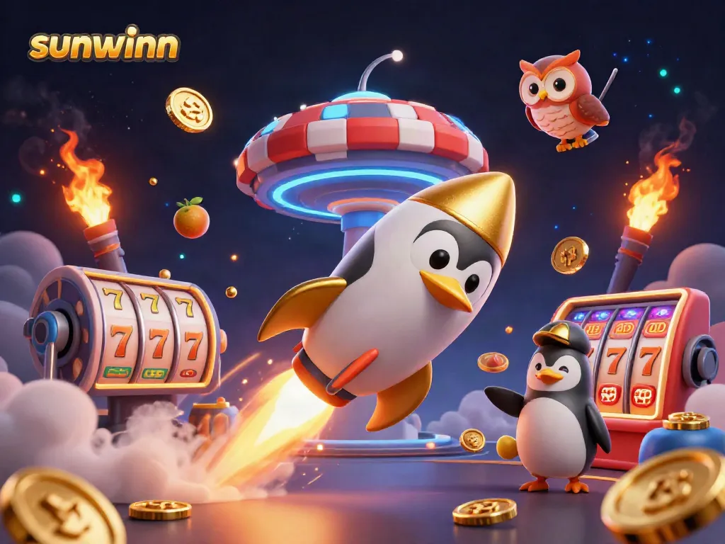 Experience excitement at Sunwinn with thrilling games and golden coins in dynamic casino space art.