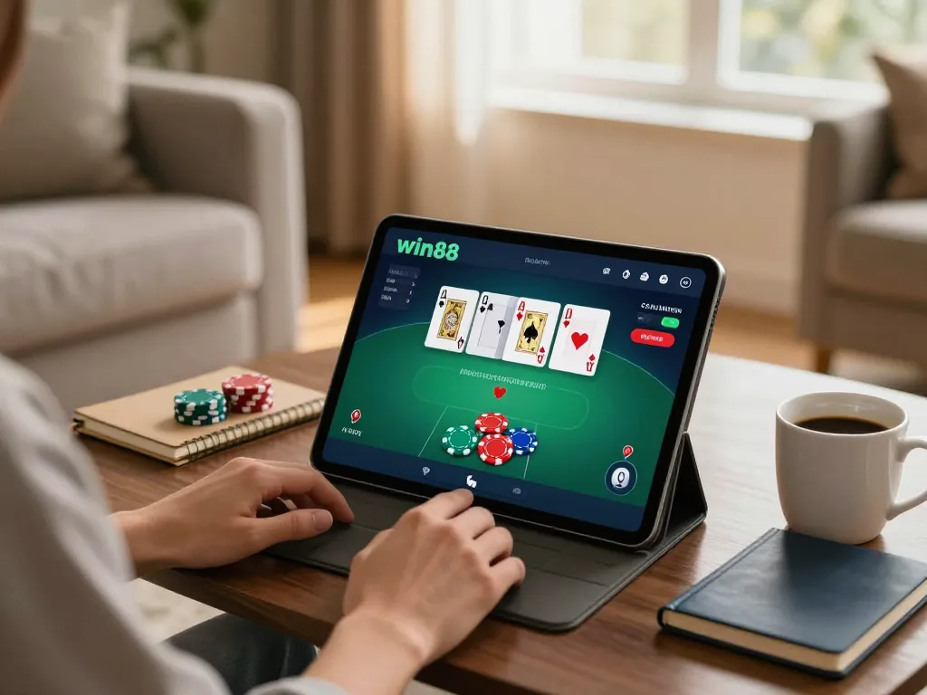 Using the win88 app on a tablet in a cozy living room to play poker online.