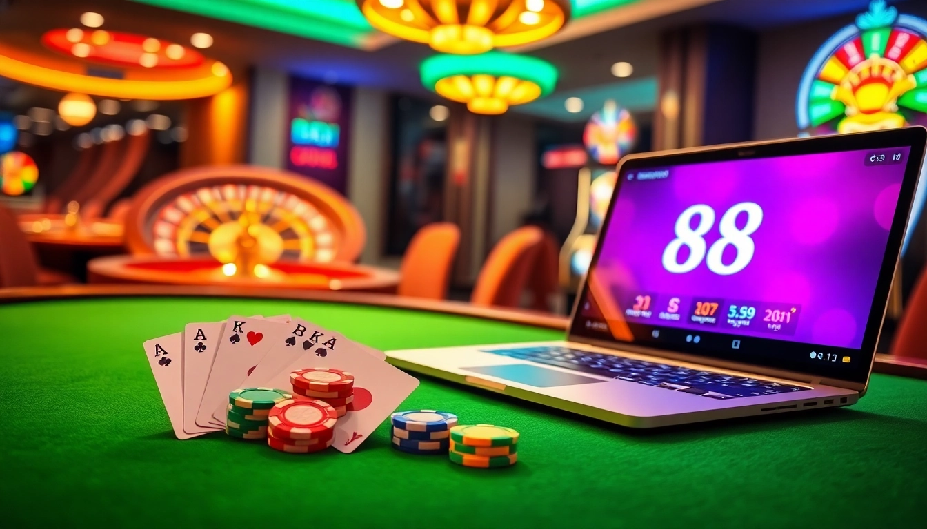 Experience the thrill of 88i đăng nhập in a luxurious online casino setting with poker chips and cards.