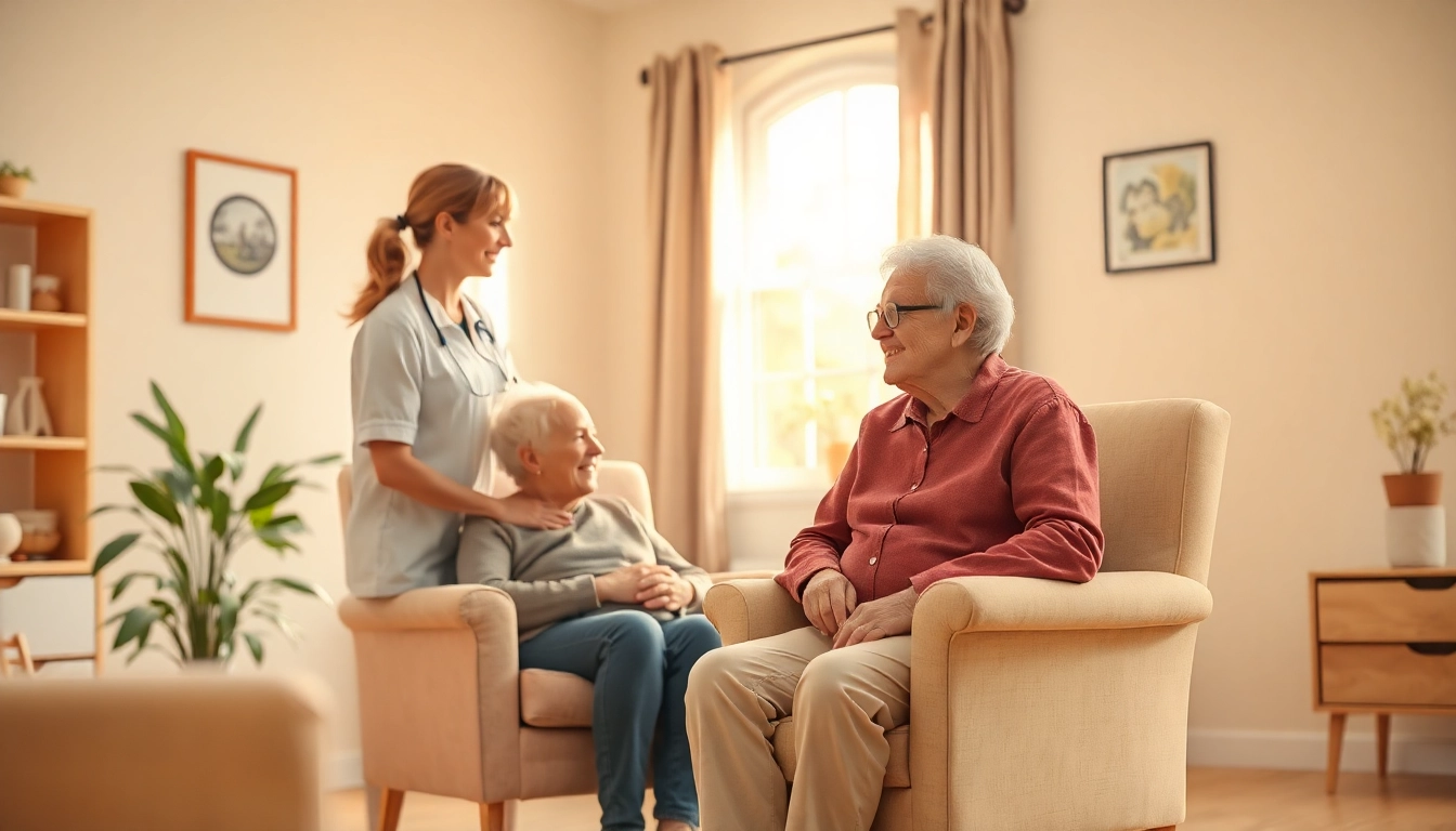 Pflegedienst-Mitarbeiter kümmert sich fürsorglich um einen älteren Patienten in einem gemütlichen Wohnzimmer.
