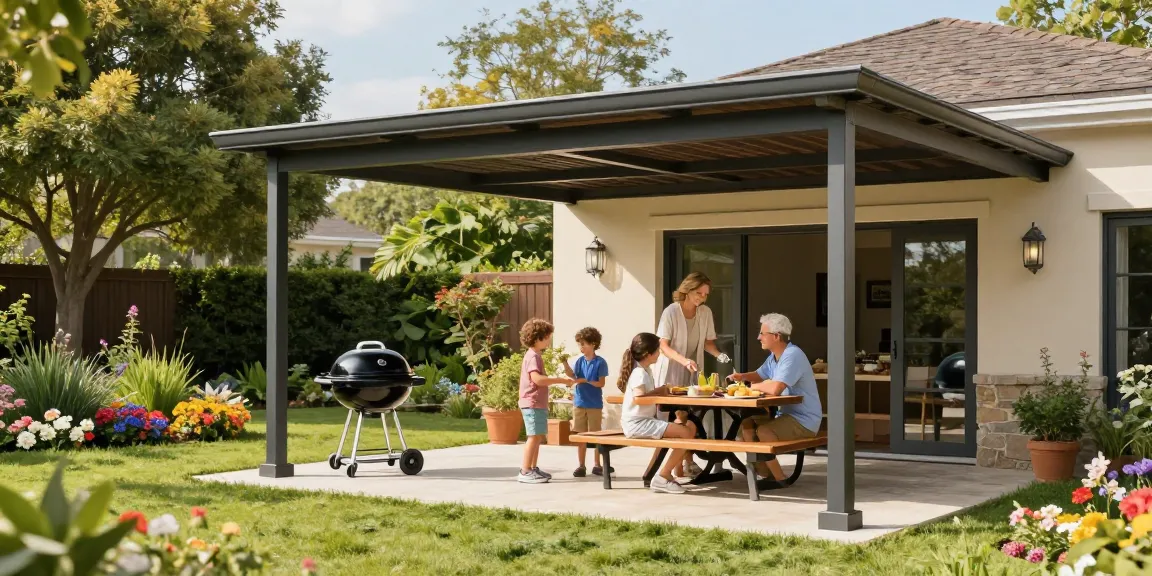 Terrassenüberdachung freistehend im Garten mit Familie beim Grillen