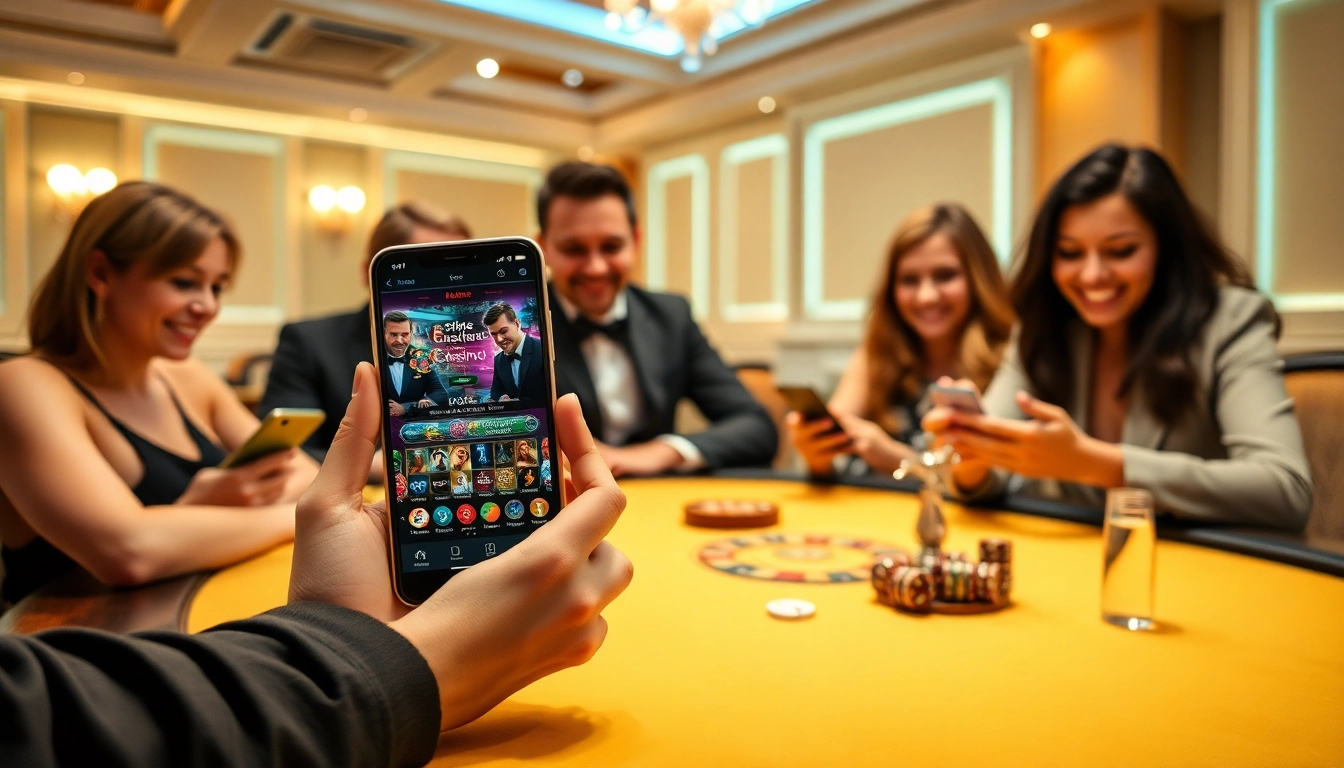 Entdecken Sie die besten Casino-Apps mit fröhlichen Spielern, die auf Smartphones schauen.