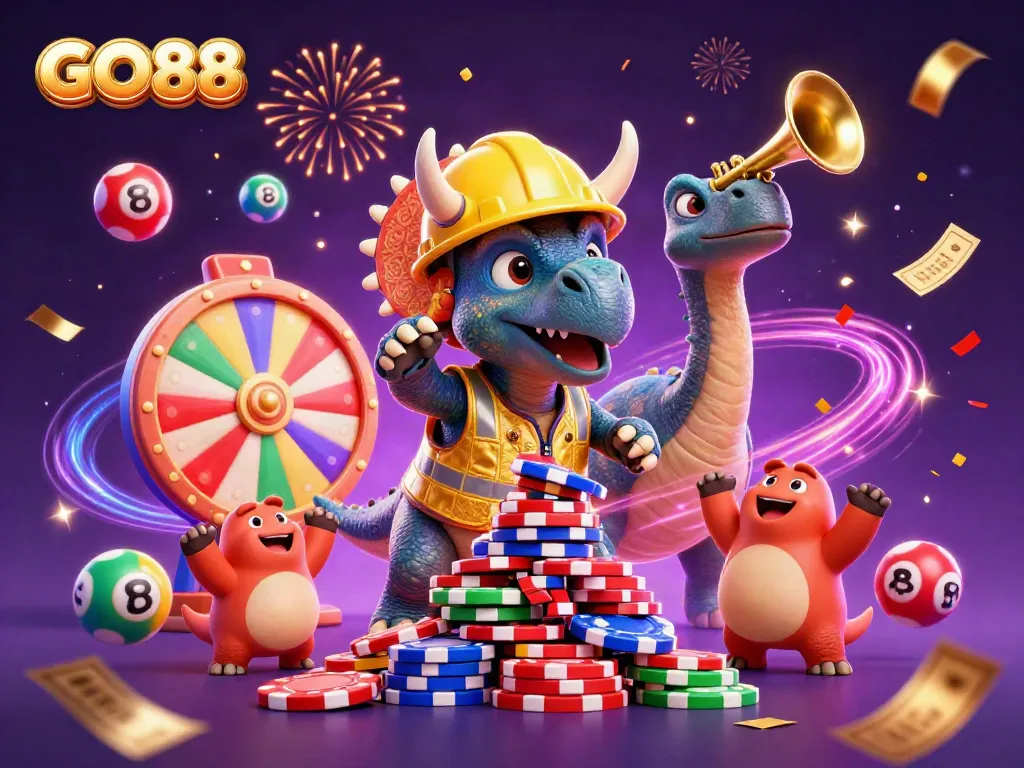 Celebrate gaming moments with GO88 in a vibrant 3D illustration of a delightful casino scene.