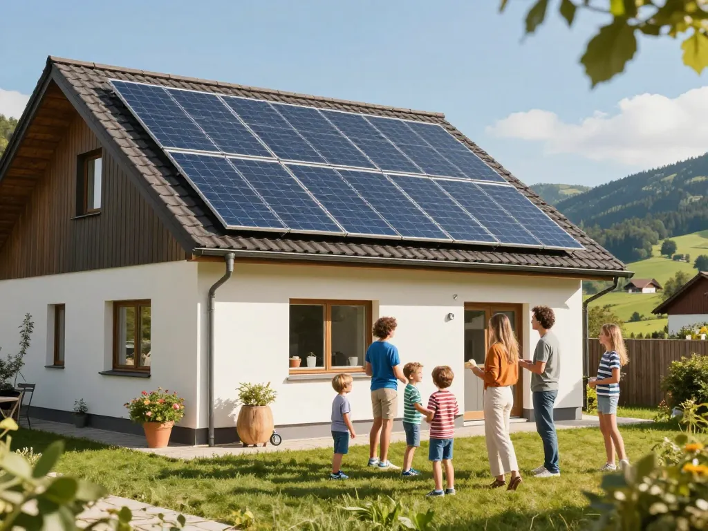 Photovoltaik Bayern Solarpanels auf einem modernen Zuhause in einer sonnigen bayerischen Landschaft mit einer Familie, die über erneuerbare Energien diskutiert.