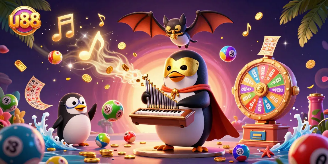 Experience excitement with u88 as the phantom penguin shoots coins, surrounded by vibrant gaming elements.