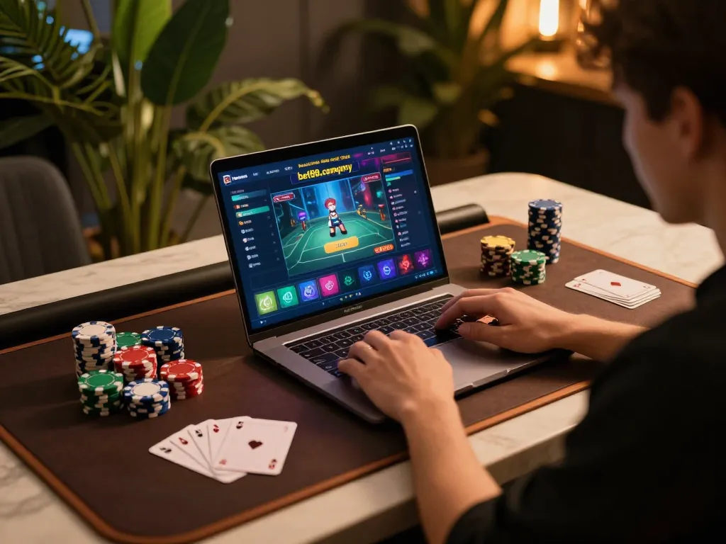 Person engaging with https://bet88.company/ on a laptop for vibrant online gaming experience.